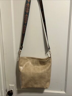 Classic Cream Leather Bag with Decorative Satiny Strap